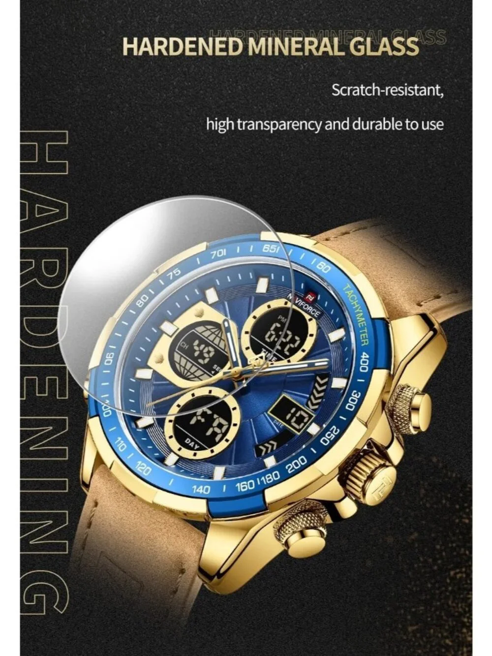 Men's Tan Blue Analog Quartz Waterproof Chronograph Classic Stylish Casual Watch
